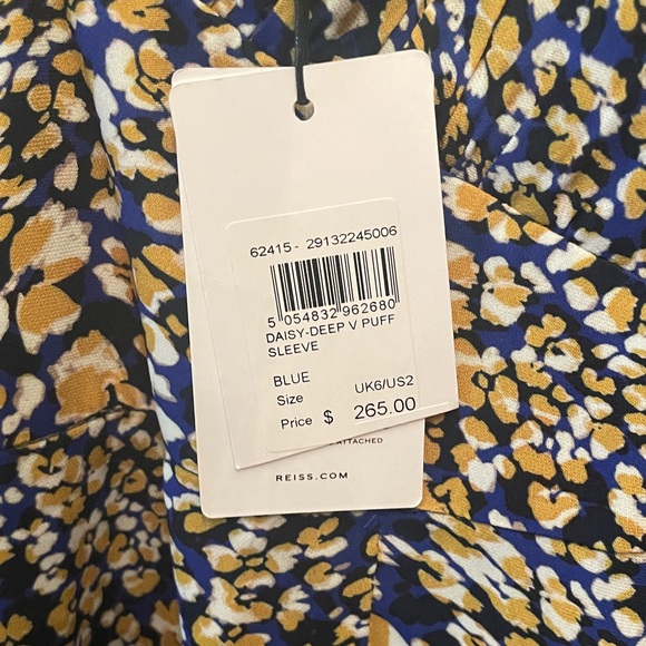 Reiss Daisy Deep V-Neck Puff Sleeve Print Mini Dress - Picture 6 of 7